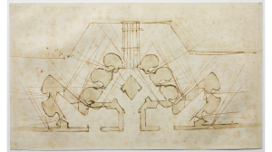 Michelangelo Buonarroti (Caprese 1475-Roma 1564)
Studio di fortificazioni per una porta 
1529
matita rossa, penna, acquerellature marroni, mm 240x408
Firenze, Casa Buonarroti, inv. 25 A